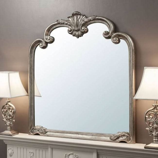 Ballagio Overmantle Mirror in Silver Leaf, 104cm x 115cm, with elegant ornate detailing and aged charm.